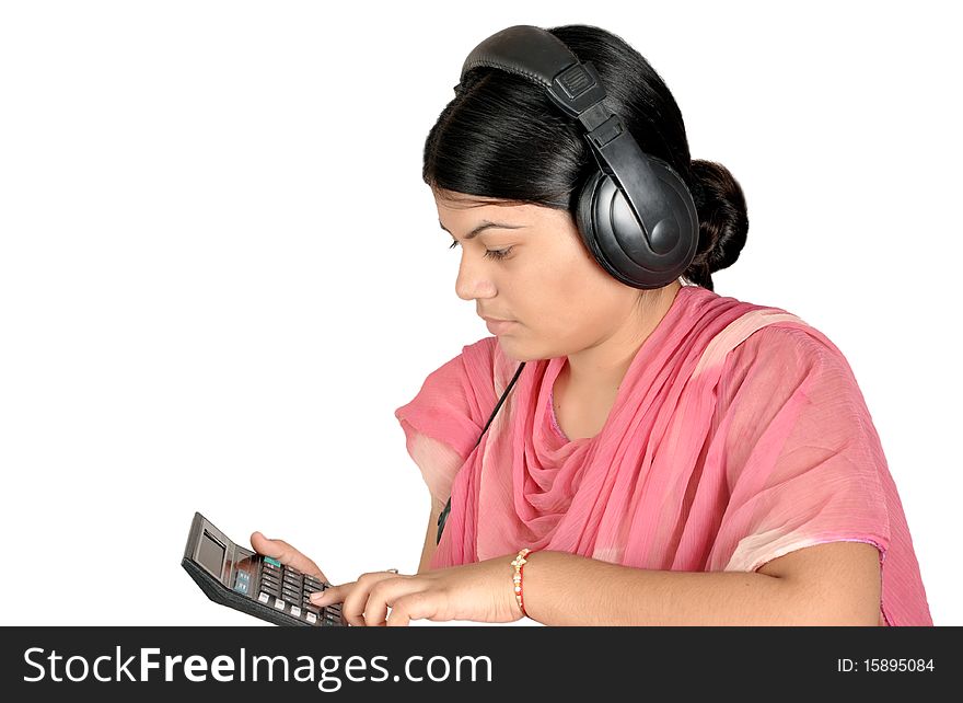 Beautiful girl with headphone isolated on white