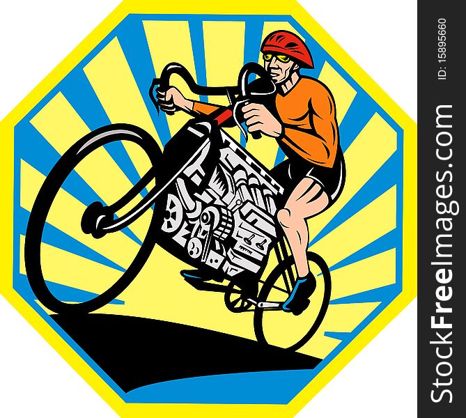 Graphic design illustration of a Cyclist riding racing bicycle with v8 car engine set inside an octagon with sunburst in background viewed from low angle. Graphic design illustration of a Cyclist riding racing bicycle with v8 car engine set inside an octagon with sunburst in background viewed from low angle