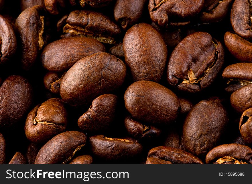Close up shot of dark roasted coffee beans