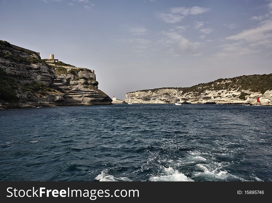 France, Corsica, view of Bonifacio port entrance channel. France, Corsica, view of Bonifacio port entrance channel