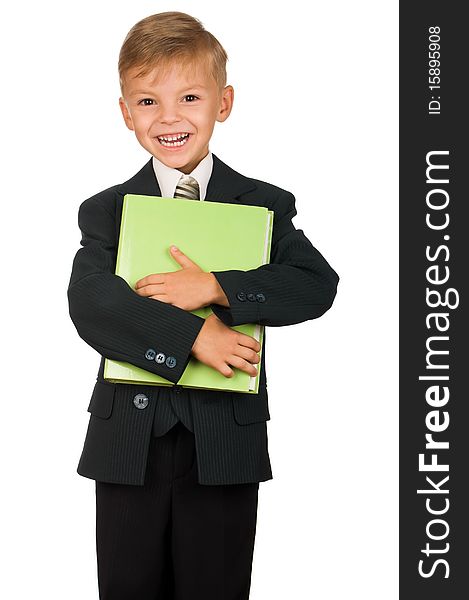 Boy in suit with book isolated on white background. Beautiful caucasian model.