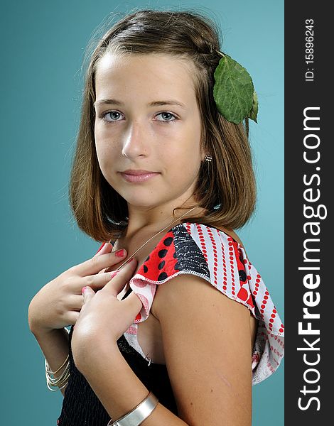 Portrait of teenager with leaf in hair. Portrait of teenager with leaf in hair