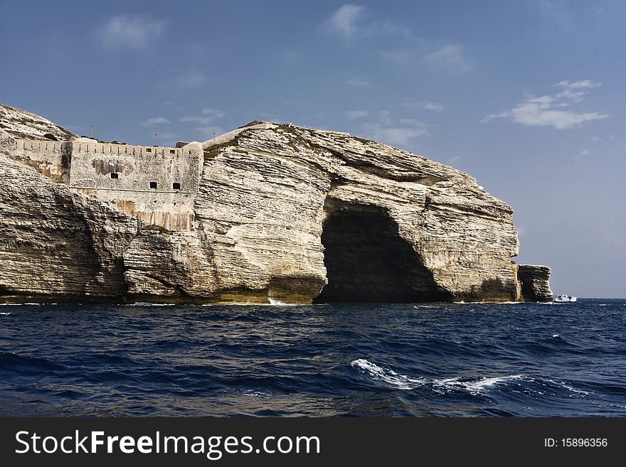 France, Corsica, Bonifacio, the rocky coastline at the entrance of the port. France, Corsica, Bonifacio, the rocky coastline at the entrance of the port