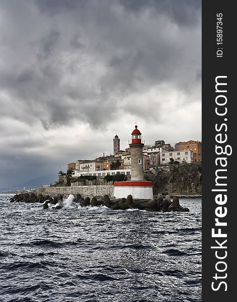 France, Corsica, Bastia, view of the port light and the town