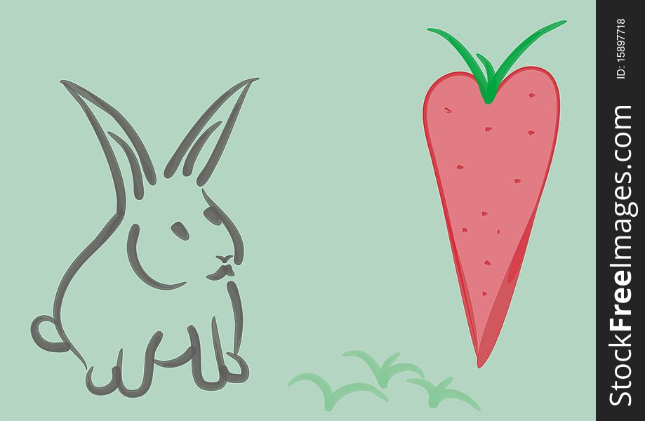 Rabbit with carrot on the light green background