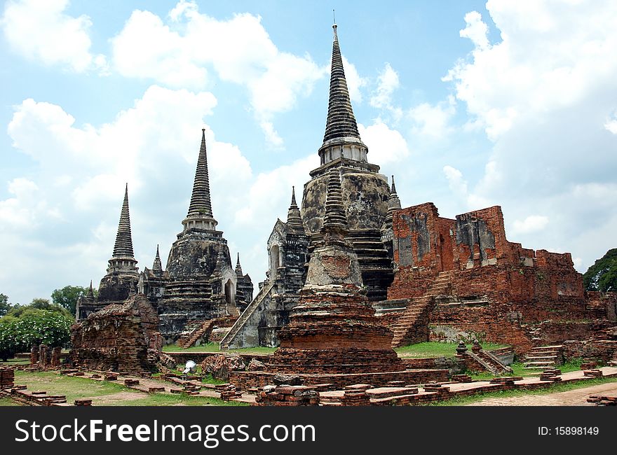 Ayutthaya Historic Park, Thailand - Buddhist Temple Ruins, remains of a Prang. Ayutthaya Historic Park, Thailand - Buddhist Temple Ruins, remains of a Prang