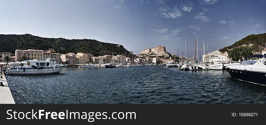 France, Corsica, Bonifacio, panoramic view of the port and the town