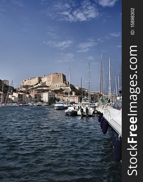 France, Corsica, Bonifacio, panoramic view of the port and the town