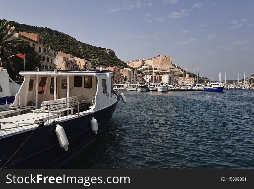 France, Corsica, Bonifacio, panoramic view of the port and the town