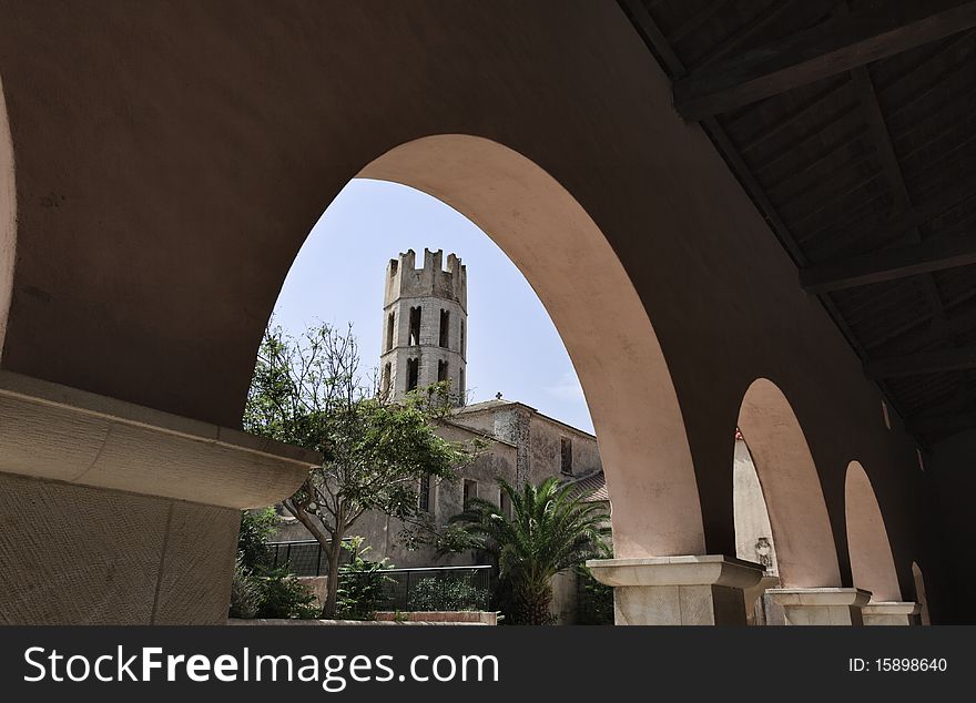 France, Corsica, Bonifacio, stone tower in the old part of the town