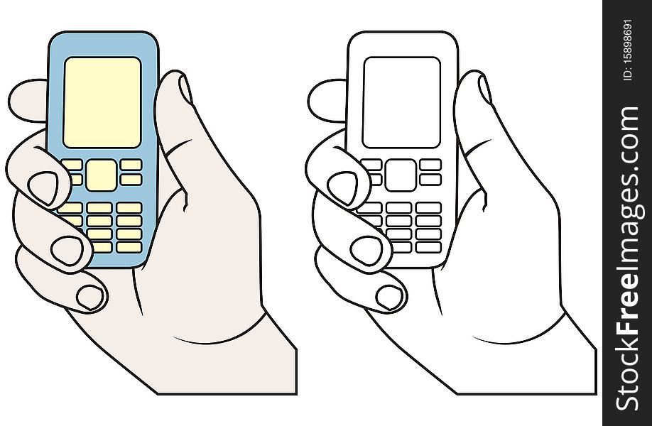 Illustration and outlines of hand with a mobile phone