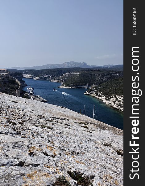 France, Corsica, Bonifacio, view of the port channel from the old walls