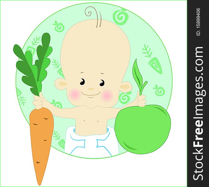 Baby in nappy stretches the apple and carrot. Baby in nappy stretches the apple and carrot