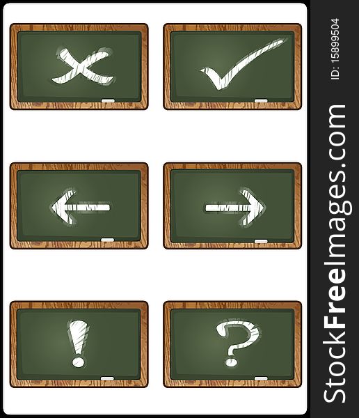 6 signs written on 6 blackboards. A check, an X, two arrows, a !, and a ?. 6 signs written on 6 blackboards. A check, an X, two arrows, a !, and a ?.