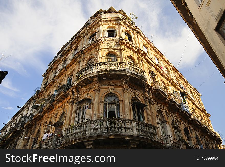 Detail of vintage facade in crumbling Havana building. Detail of vintage facade in crumbling Havana building