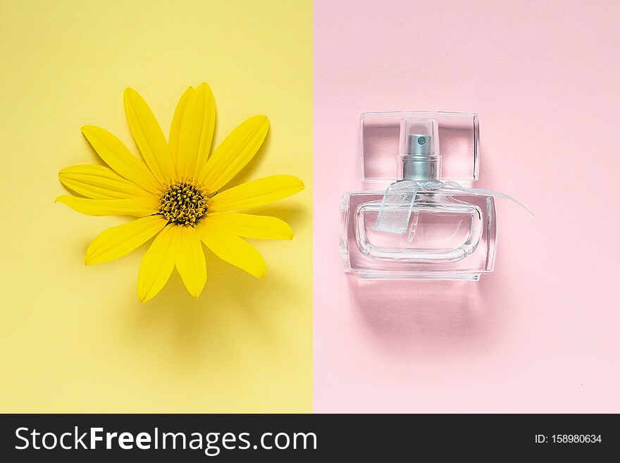 Clear transparent bottle of female women perfume fragrance with fabric bow and flower on pink yellow background. Clear transparent bottle of female women perfume fragrance with fabric bow and flower on pink yellow background