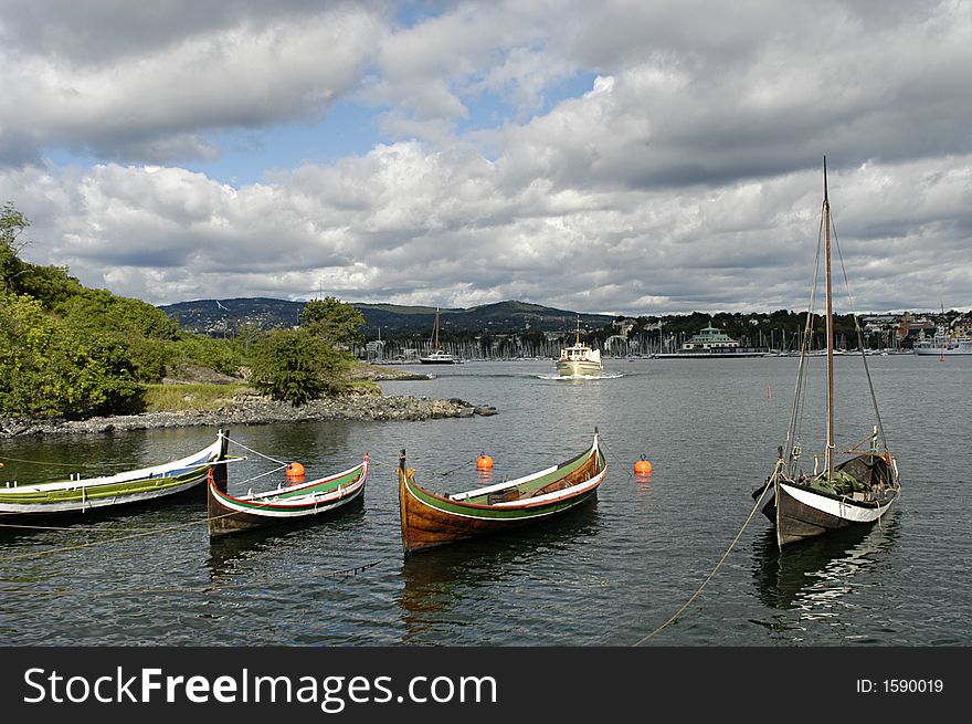 View to boats and harbor in bay in Oslo, Norway. View to boats and harbor in bay in Oslo, Norway.