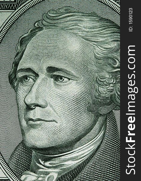 Macro of a ten dollar US bill with Hamilton. Macro of a ten dollar US bill with Hamilton