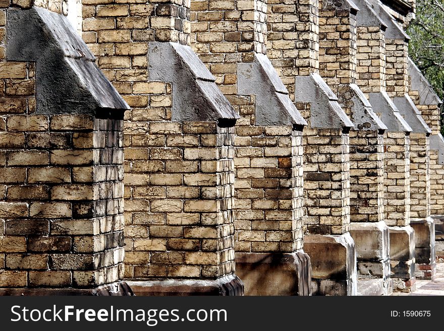 Ancient Old Church Brick Wall, Yellow Brown Stones. Ancient Old Church Brick Wall, Yellow Brown Stones