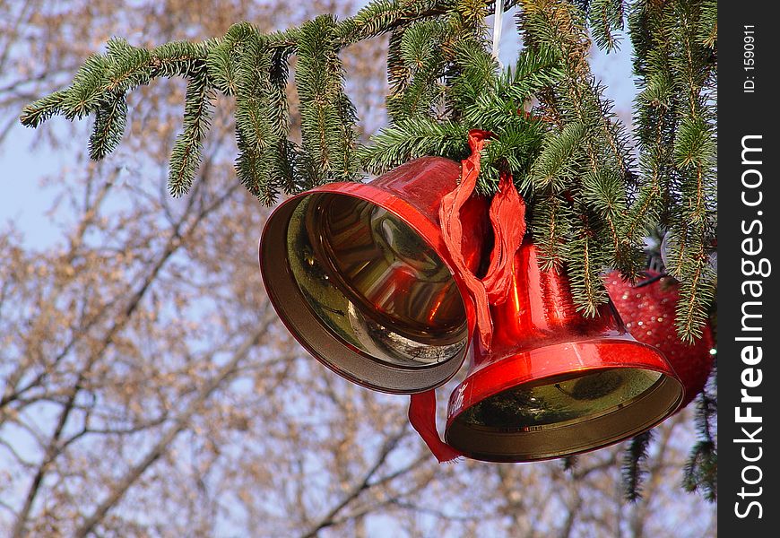 Christmas bells on the pine in the park