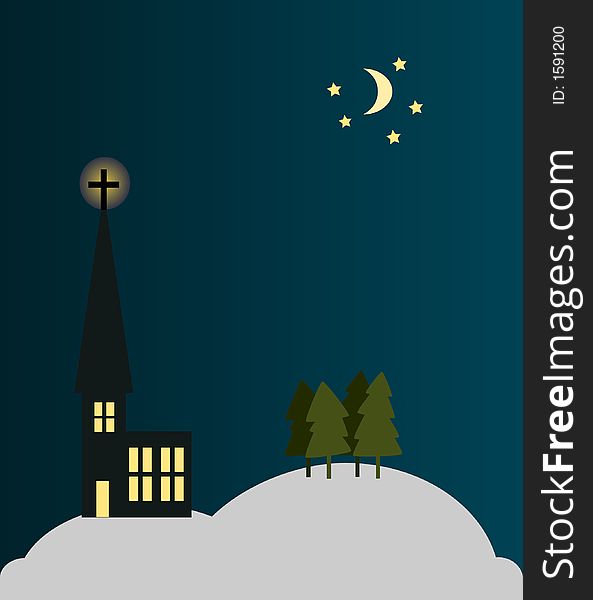 Vector illustration of a church in winter landscape