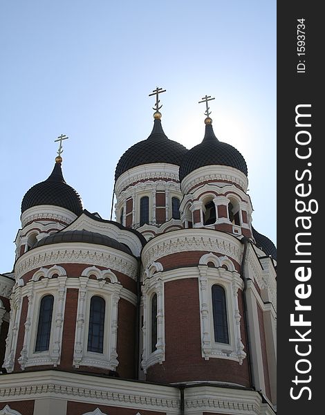 Orthodox temple on a clear day with blue sky in background. Orthodox temple on a clear day with blue sky in background