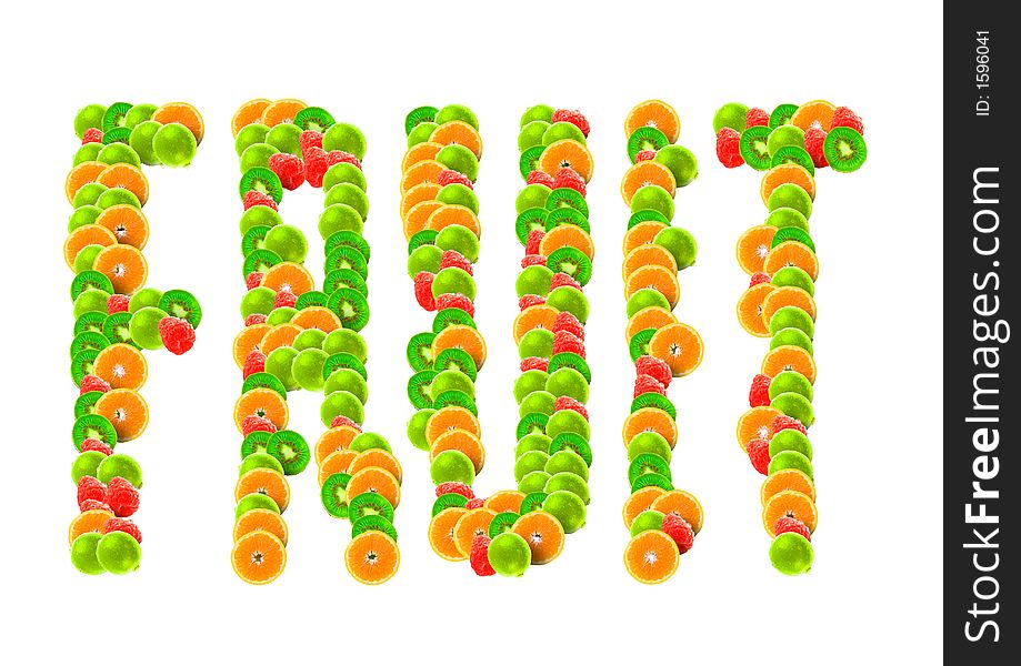 Colorful word fruit made out of fruit