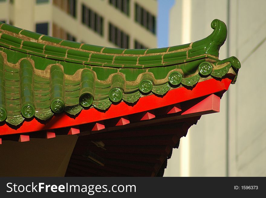 Chinese architecture detail, red and green roof,. Chinese architecture detail, red and green roof,