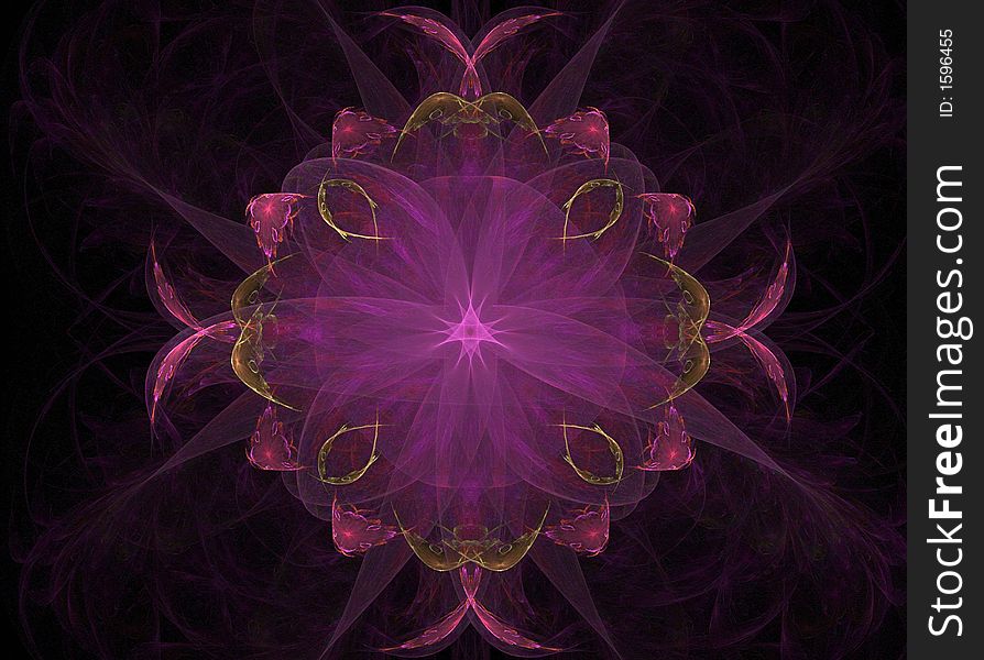 Design / fractal / background created with a fractal / graphic program. 4 abstract birds with open wings are holding the pink design/ornament. Design / fractal / background created with a fractal / graphic program. 4 abstract birds with open wings are holding the pink design/ornament.