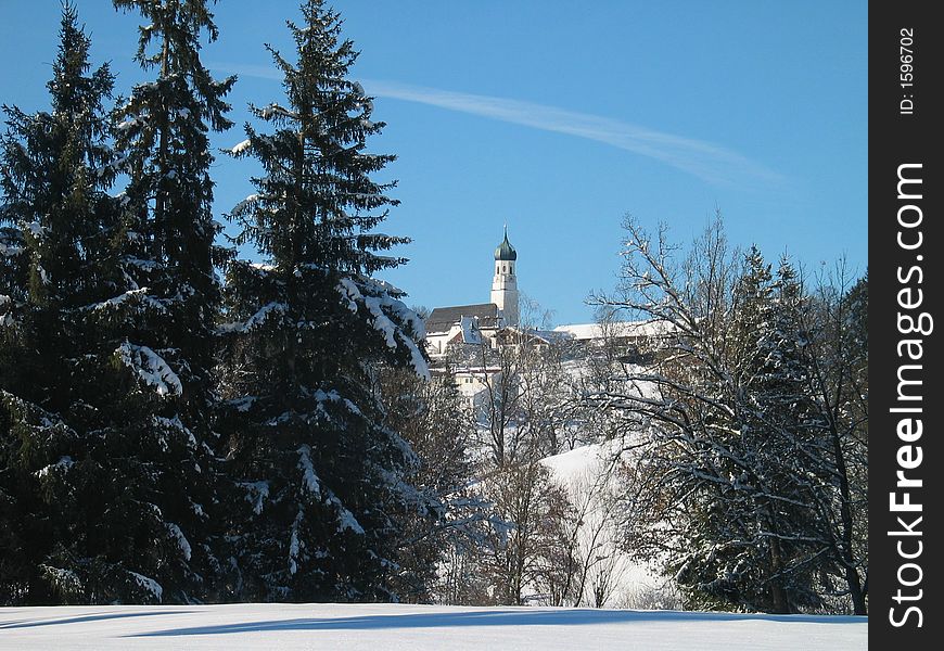 Winter Meadow - Church And Trees
