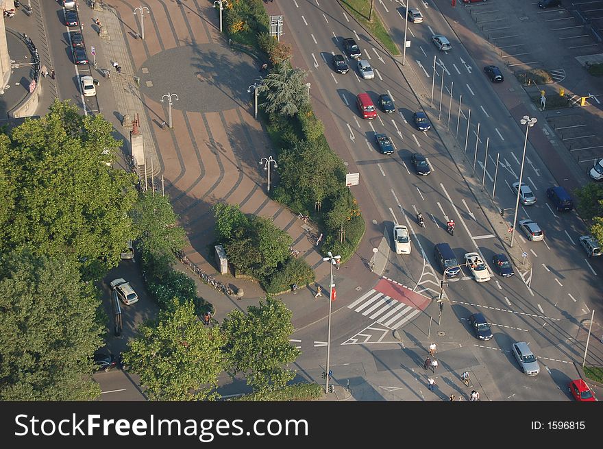 Looking down onto traffic congestion in a busy street. Looking down onto traffic congestion in a busy street