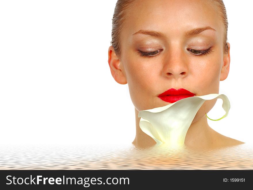 Lady with White Lilly On White Background In Water. Lady with White Lilly On White Background In Water