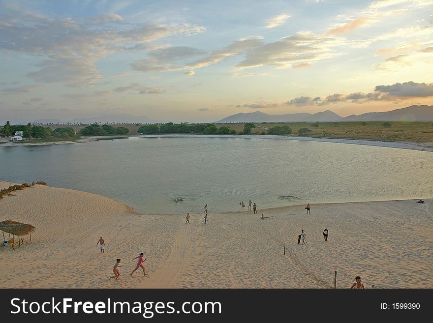 View of a lake beach from a sand dune