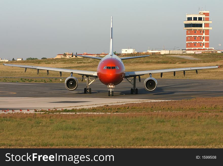 Commercial aircraft with a red nose