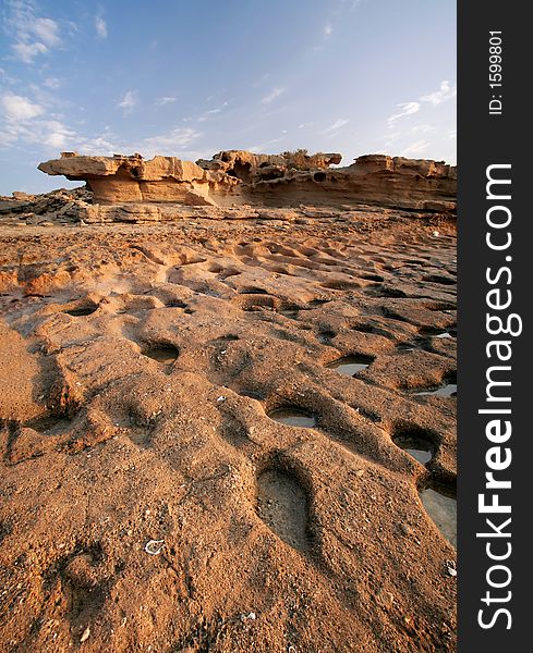 Ancient steps on stone. Coast of Persian Gulf, Queshm island, Iran