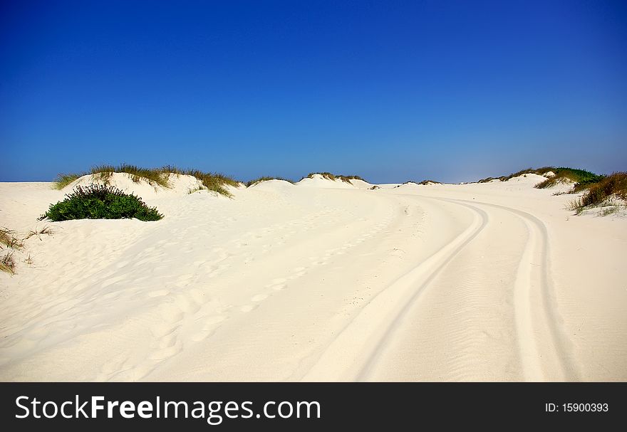 Landscape of portuguese coast:Rails on dune.