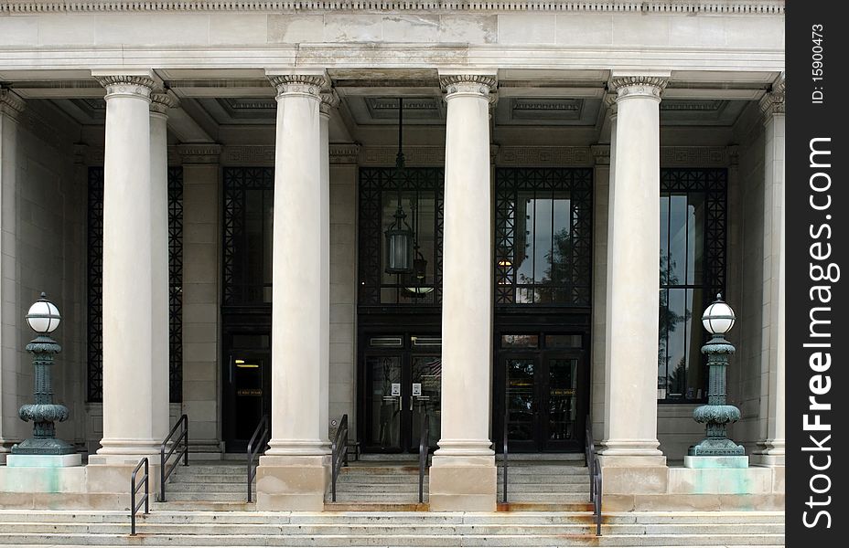 Portico of an United States post office building with Doric-style columns. Portico of an United States post office building with Doric-style columns.