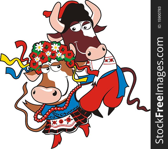 The bull and cow dance the Ukrainian national dance. The bull and cow dance the Ukrainian national dance