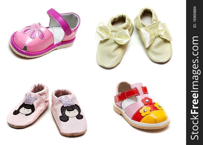 Collage from baby sandals on white background. Picture is stuck from several photographies