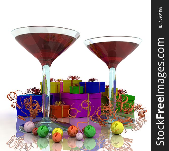 Two wineglass with colored cocktailes and colored gifts. Two wineglass with colored cocktailes and colored gifts