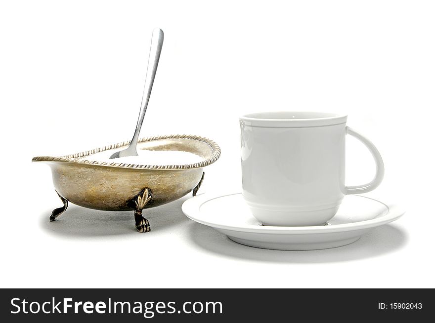 Coffee and sugar on white background