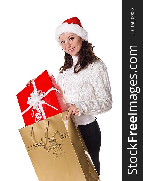 Attractive woman with nice gift. isolated over white
