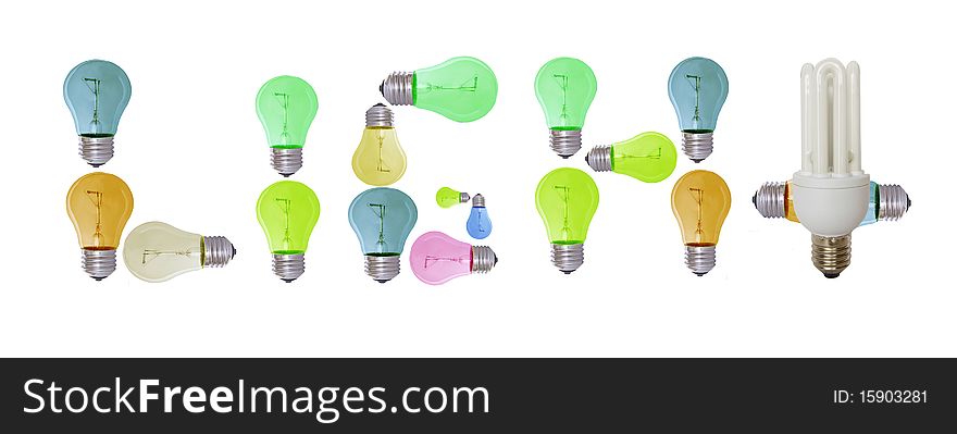 Multi- colored bulbs on a white background