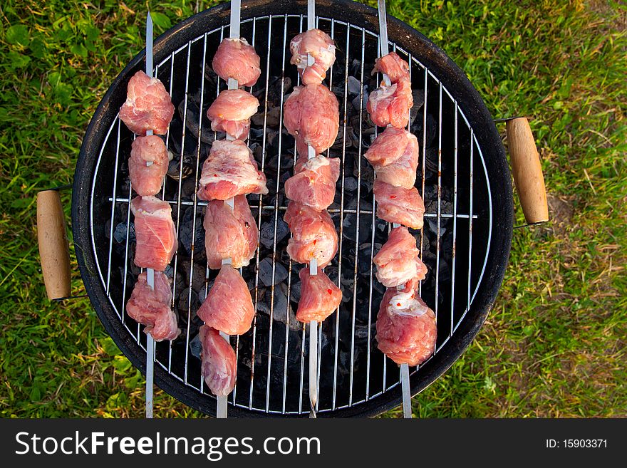 Meat preparation on a barbecue on the nature in the open air