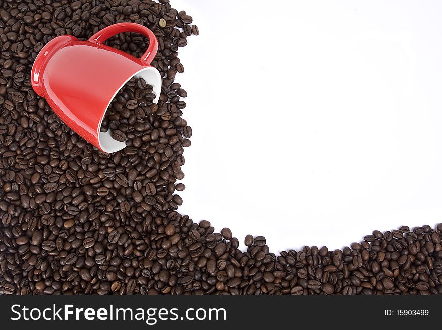Coffee red cup and grains on white background