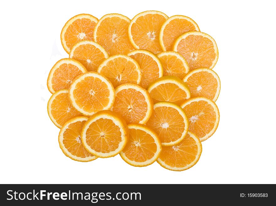 Slices of fresh oranges isolated on white background