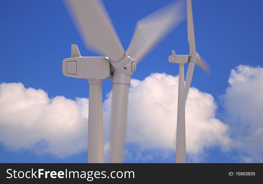 Closeup of wind turbines against blue sky. Closeup of wind turbines against blue sky