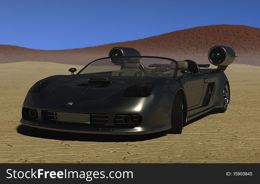 Sportscar cab with two jet engines parked in the desert. Car is a 3d render from my own idea. Brand on hood is fictional. Sportscar cab with two jet engines parked in the desert. Car is a 3d render from my own idea. Brand on hood is fictional.