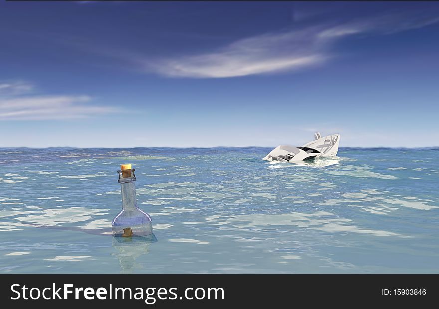 Sunken luxury boat and a message in a bottle in tropical ocean