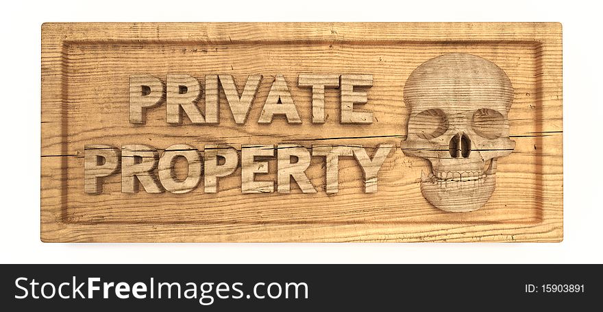 Private property wood sign with wooden skull